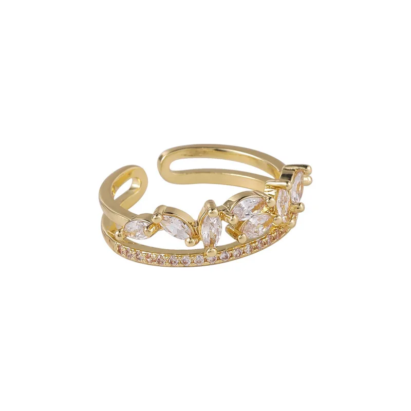 

Personality Bling CZ Stone Leaves Charm Rings for Women Brass Gold Leaf Double Layers Hollow Adjustable Open Rings Elegant Gift