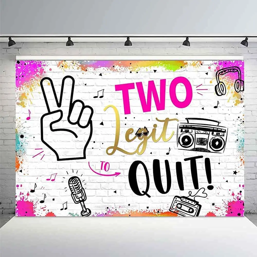 Two Legit To Quit Backdrop for Girl 2nd Birthday Decoration Watercolor Pink Hip Hop Retro White Brick Graffiti Wall Background enlarge