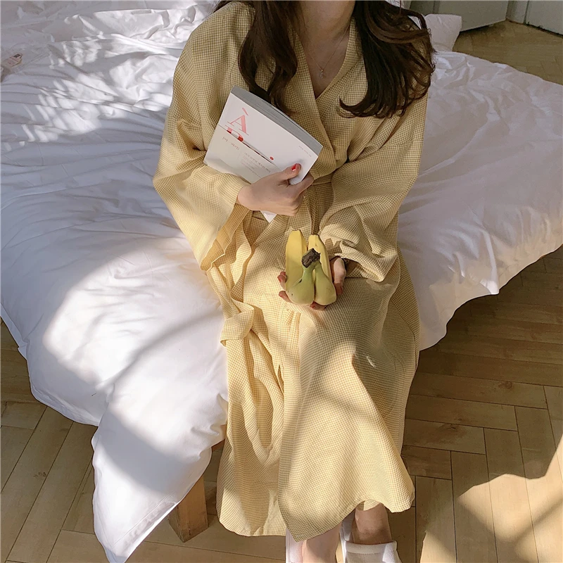 

plaid spring kimono bathrobe women long sleeve homewear long cardigan belt pure color night wear clothes ladies nightgown D009