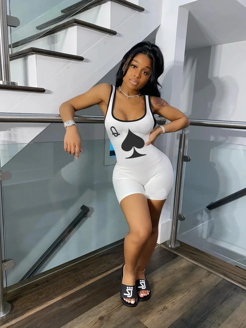 

Wjustforu Sexy Sleeveless Jumpsuit For Women Poker Printing Bodycon Romper Summer Casual Fashion Party Club Overalls Female