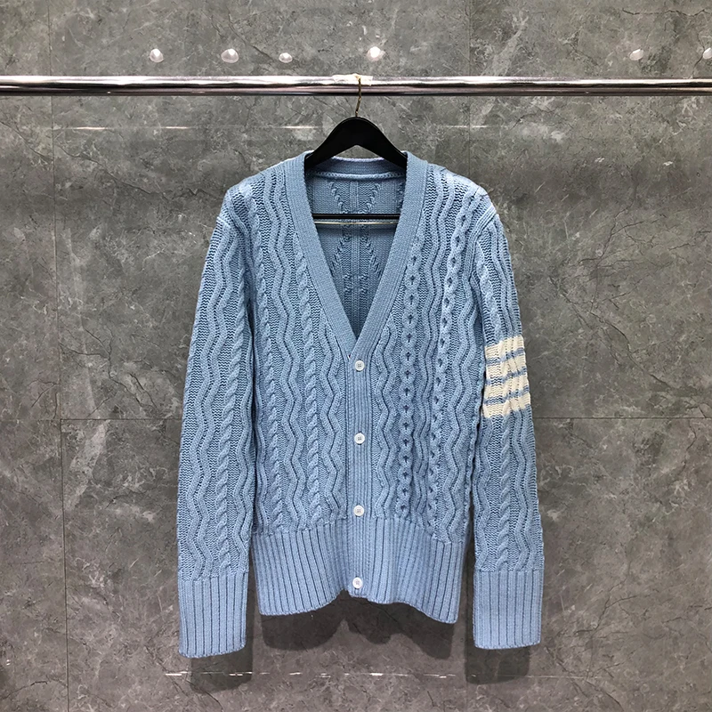 TB THOM Men's Sweater Autunm Winter Fashion Brand Coats Merino Wool Aran Cable 4-Bar Stripe V-Neck Cardigan Blue TB Sweaters