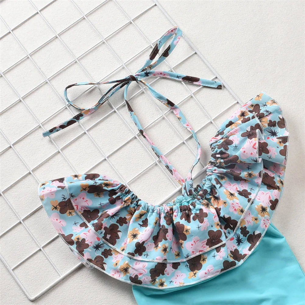 Летняя одежда для маленьких девочек Купальник с цветочным рисунком и воротником