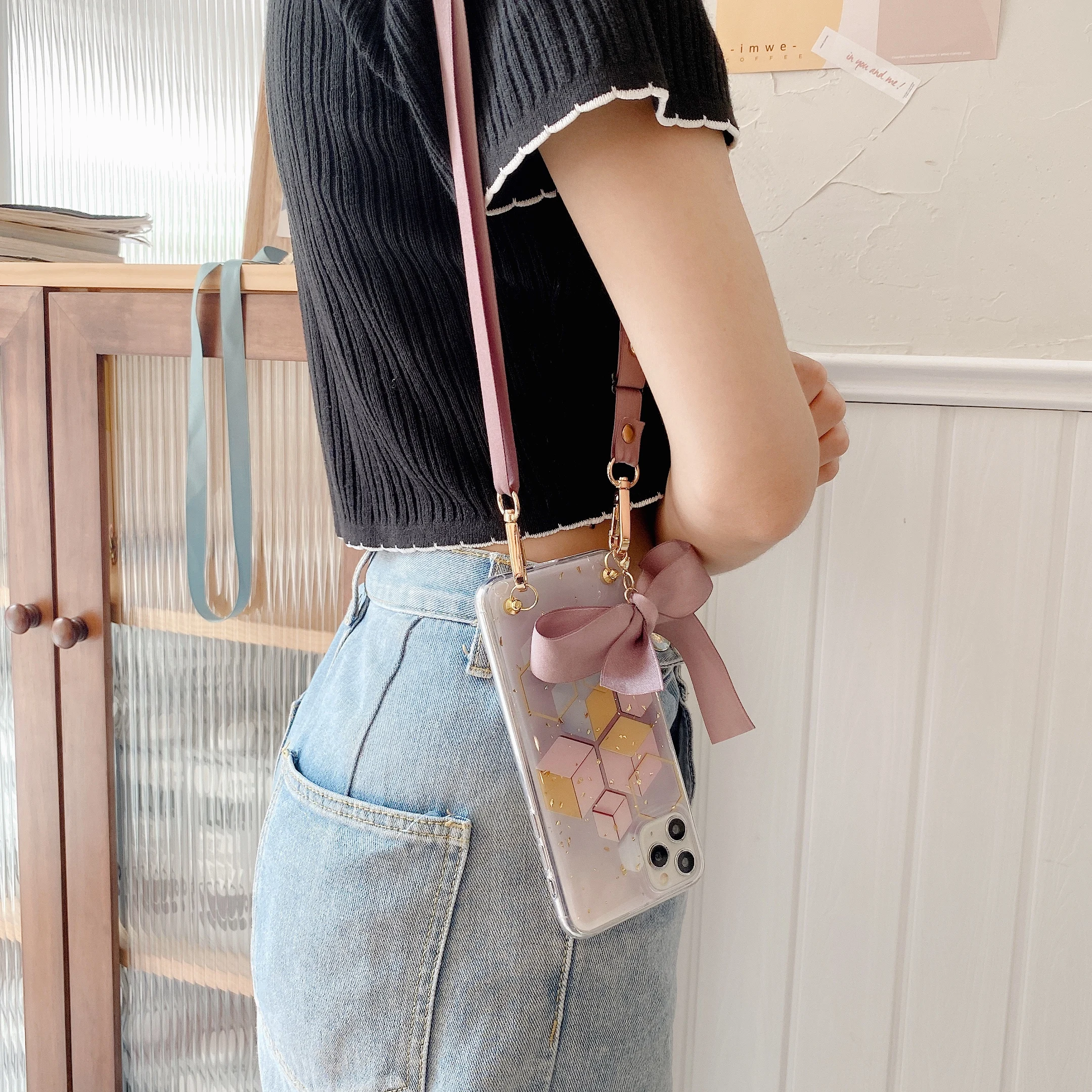 

Fashion Cute Girl Gold Powder Phone Case For iPhone 11 12 Pro Max 12 Mini Rope Case Soft TPU Bag For APPLE XS Max XR X