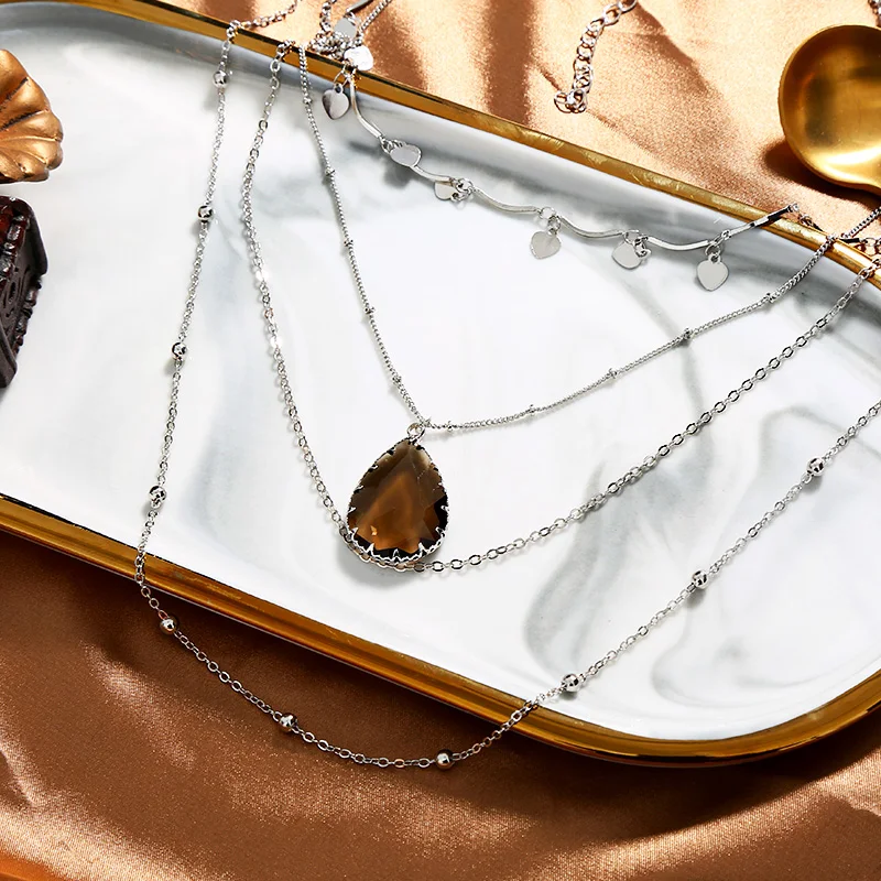 Многослойный ошейник-чокер с подвеской в форме сердца 4 слоя s капля воды кристалл