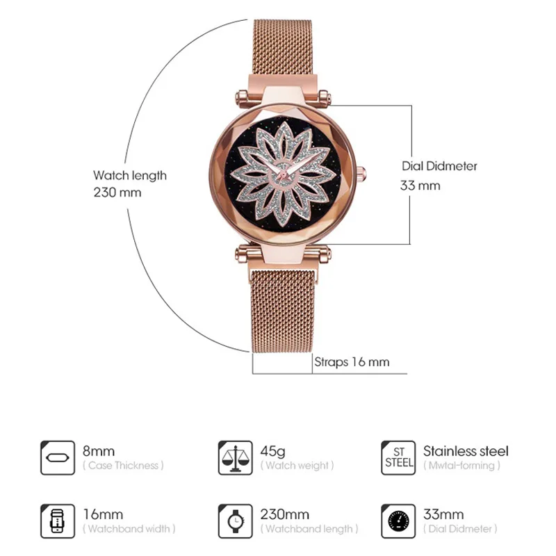 Модные роскошные часы для женщин кварцевые магнитные золотые из нержавеющей