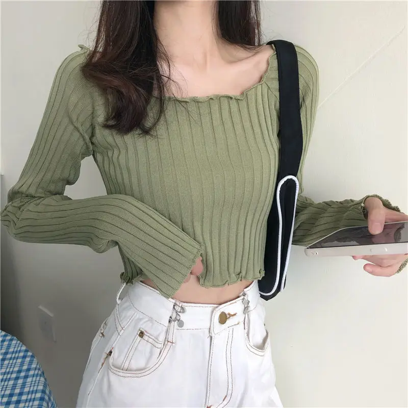 Ins Hong Kong Style Autumn New Tops Sexy Strapless Collarbone Sweater Women' High Waist Short Cropped Long-sleeved Solid T-shirt