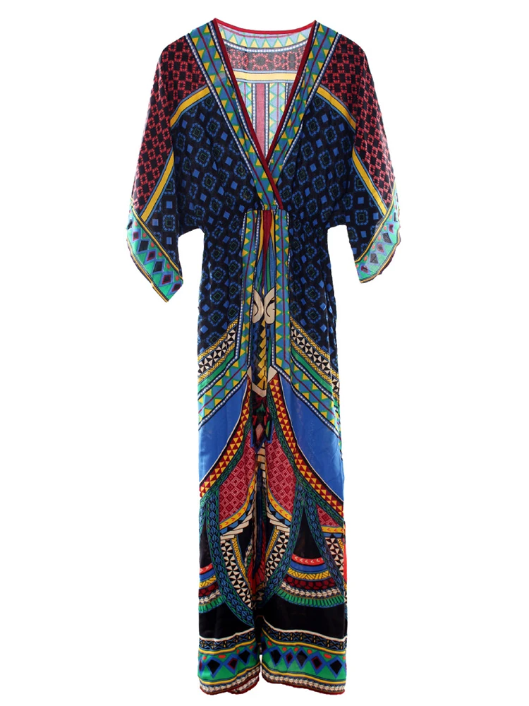 Женское платье макси с этническим принтом женское v-образным вырезом и рукавом