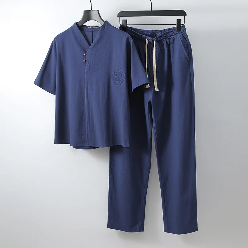 

high quality summer men linen pajamas Short Sleeve T-shirt and pants home clothing plus size 8XL 9XL tees elasticity pajamas 70