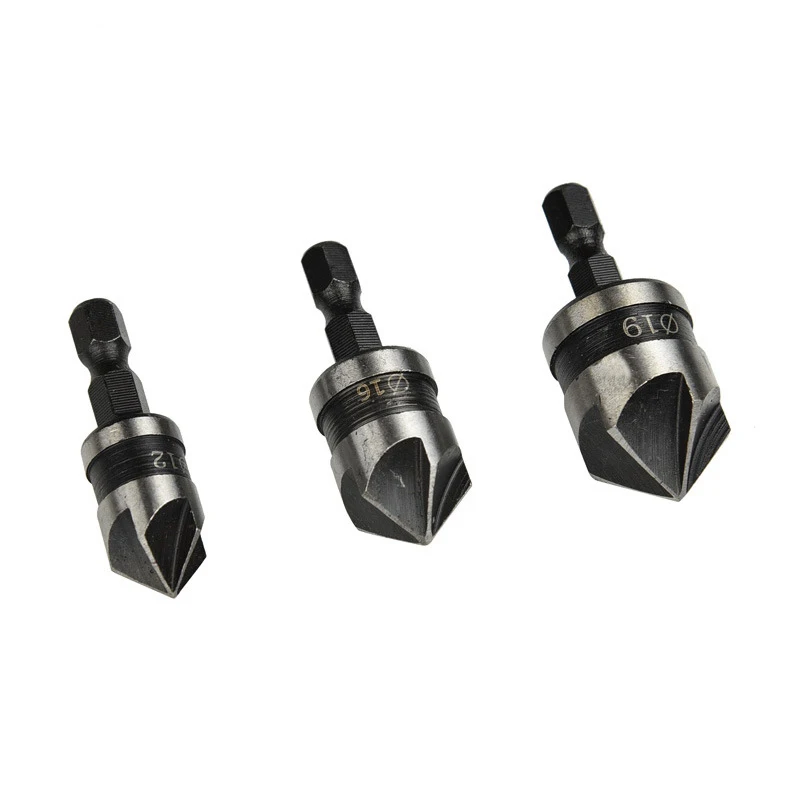 

3Pcs 1/4 Hex Shank HSS 90 Chamfer Cutter 12/16/19mm Countersink Drill Bits Top