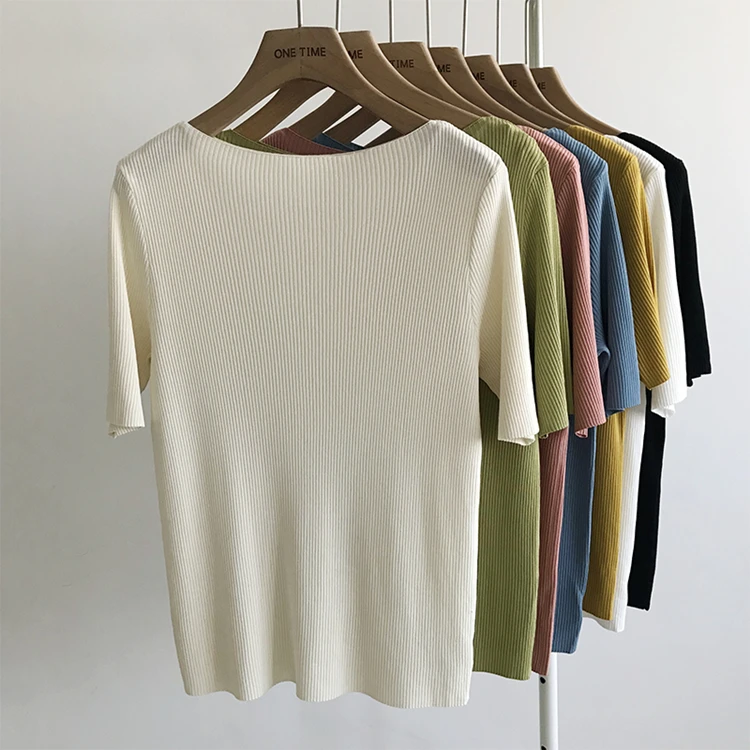 

New 2021 Women Summer T-Shirts Solid Multi 6 Colors Bottoming Casual Slash Neck Knitting Elasticity Wild Tops Woman Tshirts