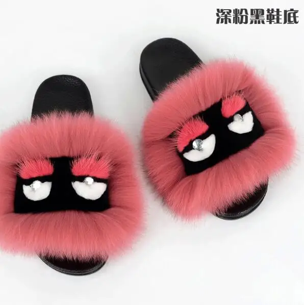 Домашние тапочки женские меховые шлепанцы с лисьим мехом домашние меховая