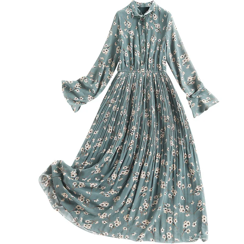 

Women girls spring summer chiffon dress new 2021 bowknot long sleeve elastic waist mid-calf floral print pleated dresses green