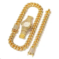 Men's Hip Hop Iced Out Chain Crystal Diamond Necklace Bracelet Watch Gold Silver Color Jewelry Set, 20mm Width,3 PCS / Set