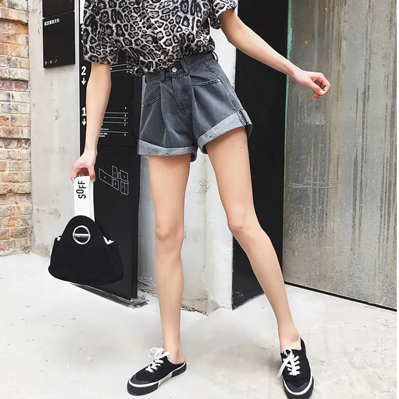 

Summer Shorts Women Denim Shorts Adjustable High Waist Wide Leg Shorts Crimping Loose Jeans Short Pants Daddy Shorts