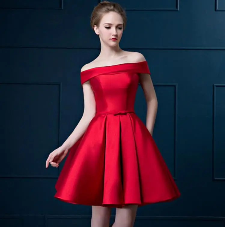 Vestido madrinha новые атласные платья подружки невесты с открытыми плечами и открытой спиной, золотое, королевское, голубое, фиолетовое, розовое, длина до колена, свадебные g - Цвет: red