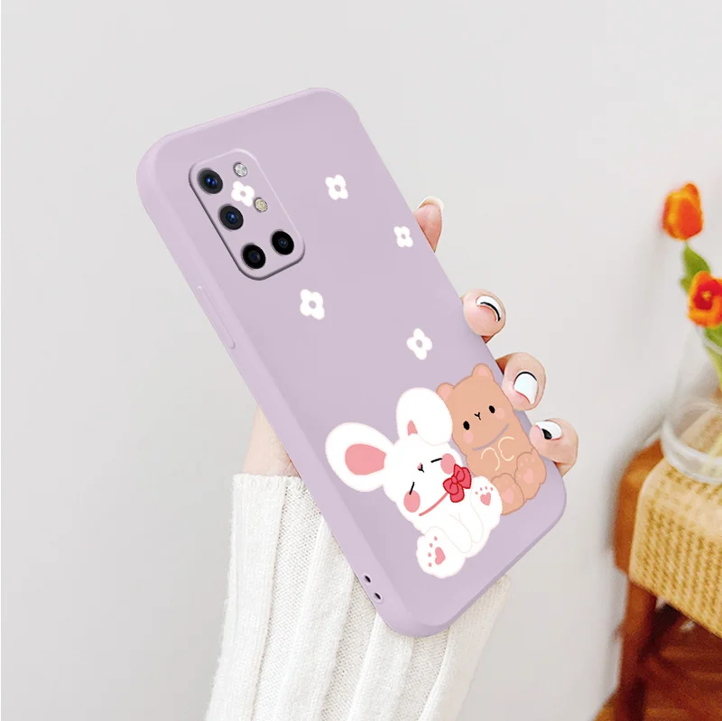 

Little Bear Square Camera Lens Protection Liquid Silicone Case For Oneplus 8t 9 9pro 9r pro Ultra Thin Phone Back Cover Funda
