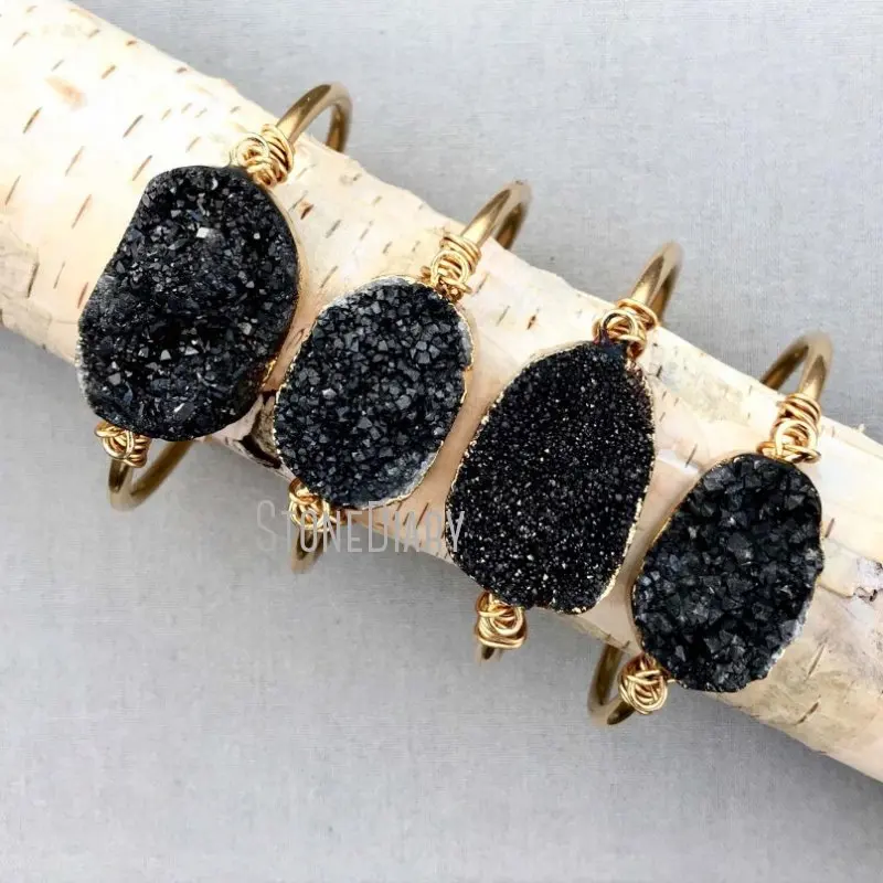 Богемный черный браслет из друзы BM11255 овальный с золотым гальваническим