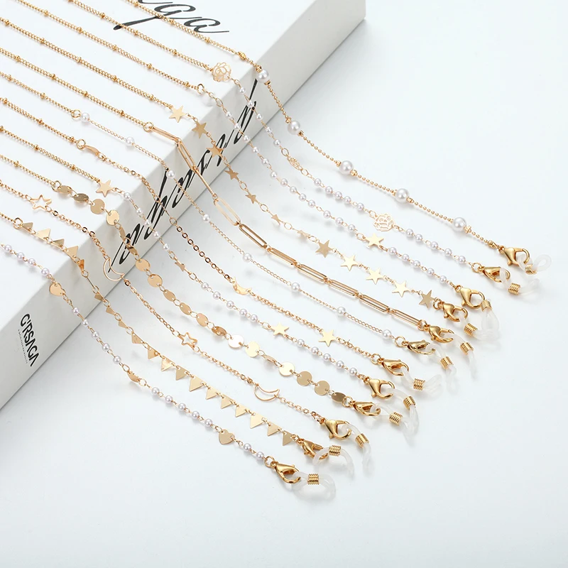 Элегантная Золотая цепочка для очков на шнурке 12 видов жемчужин сердце звезды