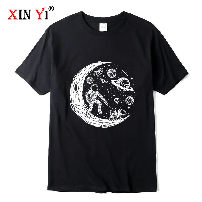 

XINYI Men's T-shirt Top Quality 100% cottonFunny astronaut print casual loose men t shirt o-neck t-shirt men tee shirts tops