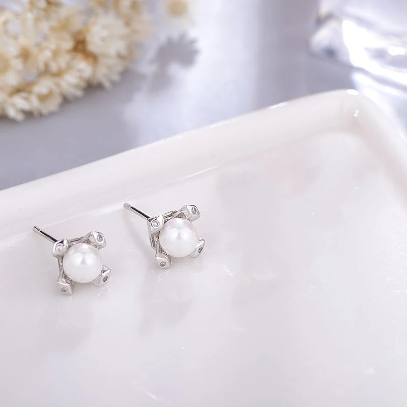 silver-square MAIKALE, корейские жемчужные серьги-гвоздики, яблоко, звезда, пятиугольник, кубический цирконий, медь, золото, серебро, небольшой талисман, серьги для женщин, милый подарок - Окраска металла: silver-square