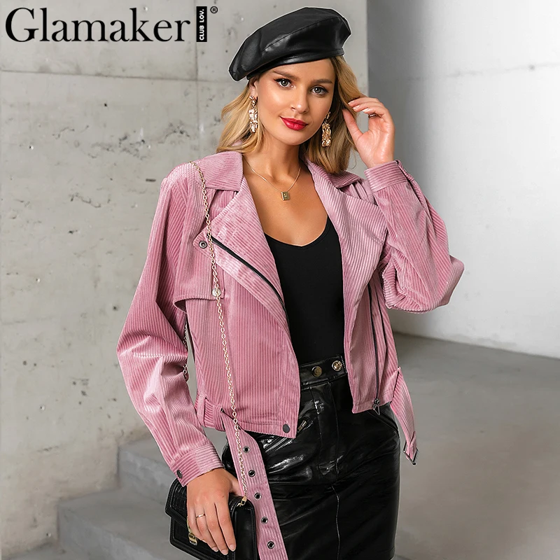 Glamaker вельветовое розовое повседневное пальто для женщин зима осень пояс Женская Базовая короткая куртка Дамская мода уличная куртка