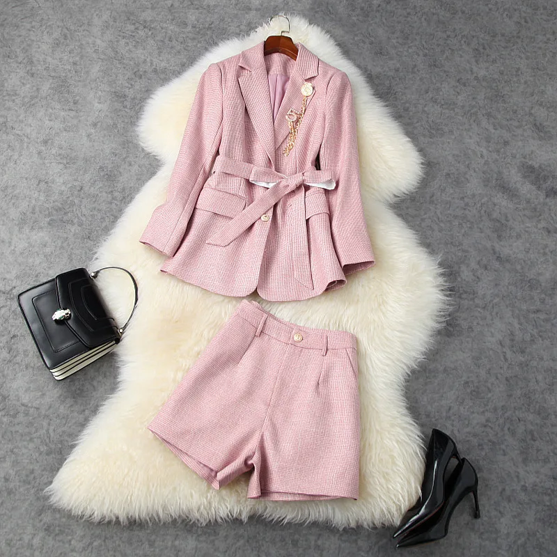 

New 2020 autumn winter women pink blazer suit single breasted sashes jacket and shorts set designer two piece outfits