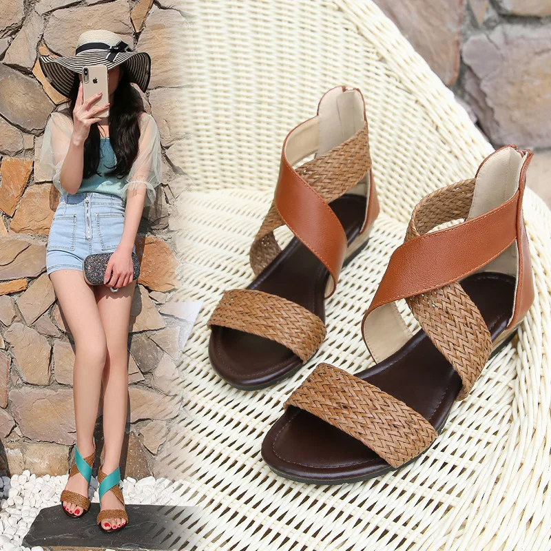 

Fashion Women New Fish Mouth Leather Canvas Weave Wedge Heel Shoes Zipper Sandals Casual Beach Sandals Roman Shoes