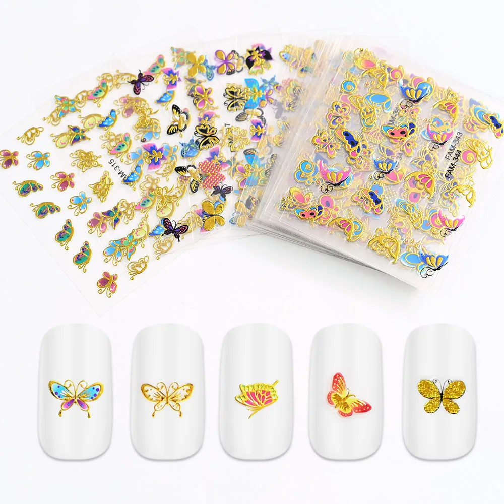 

30 Sheets/Lot Butterfly 3D Nail Art Stickers Nails Decal and Flower Charms Mixed Sise Bronzing Gold DIY Nail Art Transfer DecalS