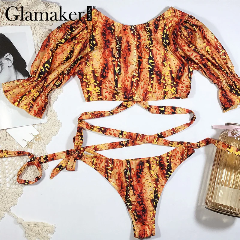 Женский Открытый купальник Glamaker желтый с коротким рукавом бикини высокой талией