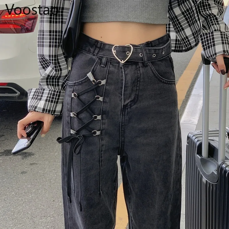 

Джинсы женские свободные в готическом стиле, прямые брюки из денима с широкими штанинами, с поясом в форме сердца, винтажные штаны в стиле панк, Y2K, черные, весна-осень