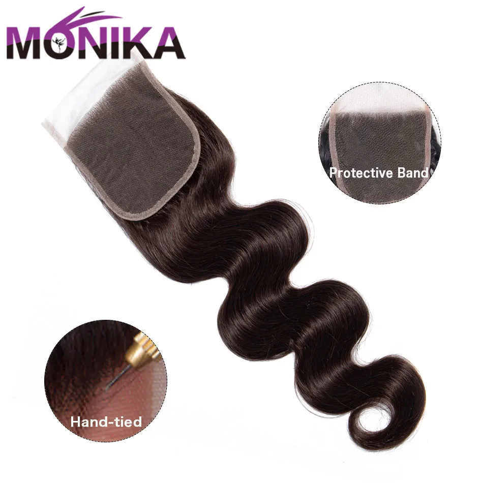 Monika закрытие волос 2#4# коричневые волосы бразильские объемные волнистые волосы 4x4 швейцарское кружево Закрытие не Remy Закрытие человеческих волос