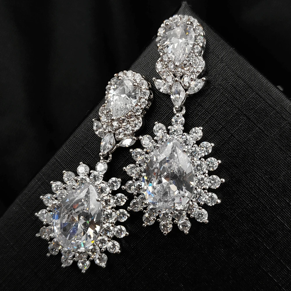 

Gorgeous Vintage Long Studded Faceted Clear CZ Embellish Opposed Teardrop Earrings for Women Bride Wedding Occasions Accessories