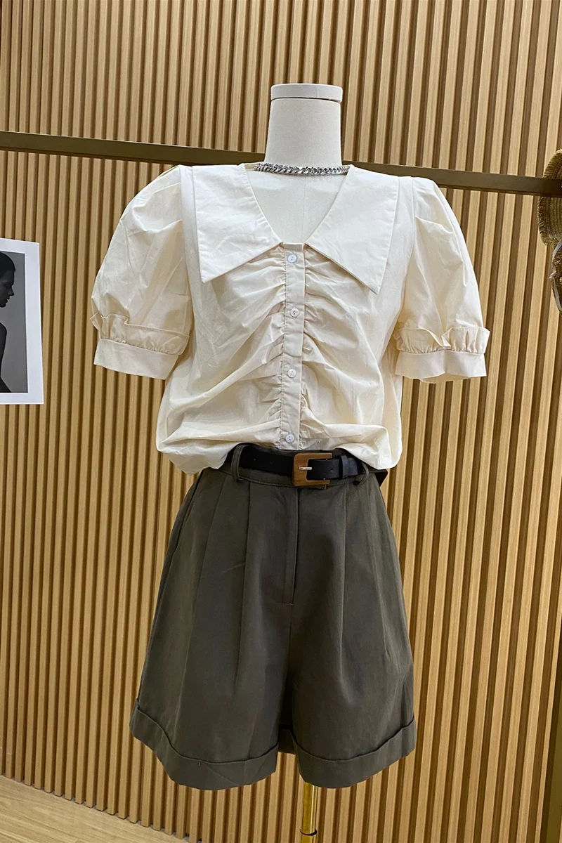 

2021 Summer Korean Style Chest Pleated Blouses for Women Puff Sleeve Casual Blue Short Shirt Female Loose Solid Color Tops