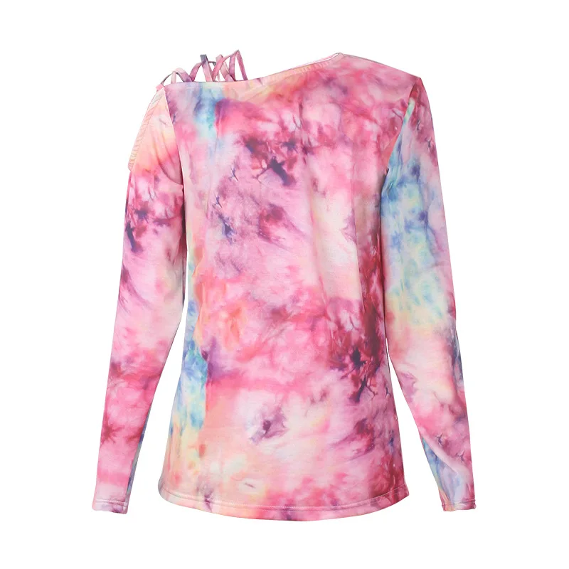 

2021 Spring And Summer Women's Clothing Tie-Dye Printing Long-Sleeved Strapless Sexy Casual Loose T-Shirt