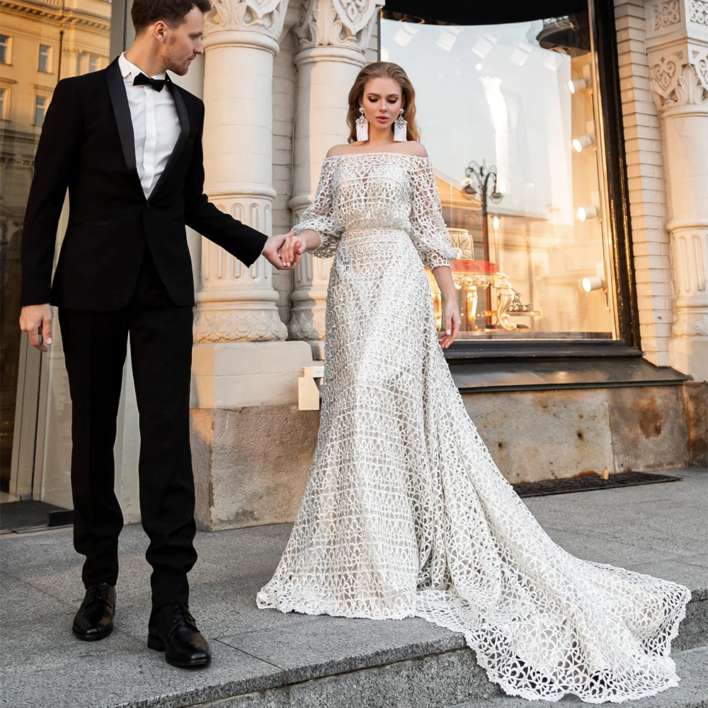 

RANMO Lace Wedding Dress with Sleeves Off-the-Shoulder Boho Bridal Dress Zipper Up Sweep/Brush Train A Line Wedding Gown
