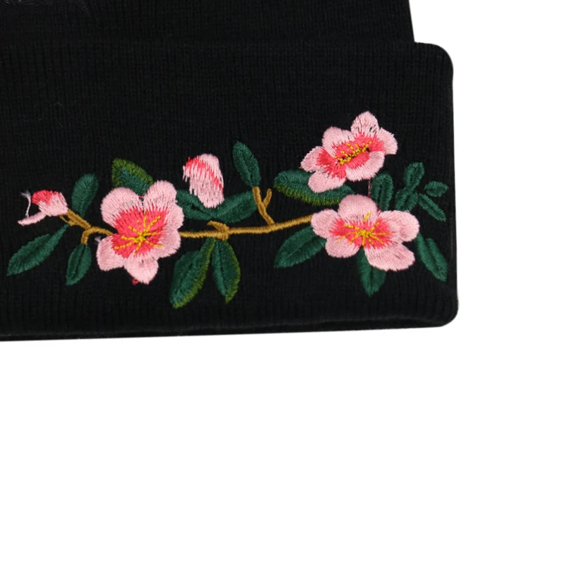 Женская вязаная Лыжная Шапка FOXMOTHER черная шапка с вышитыми ветками дерева и