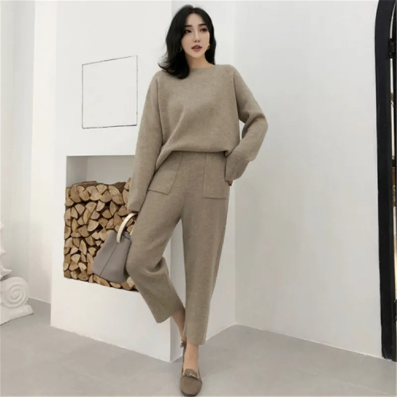 Новая мода 2019 женский спортивный костюм с карманами осень зима трикотажные брюки