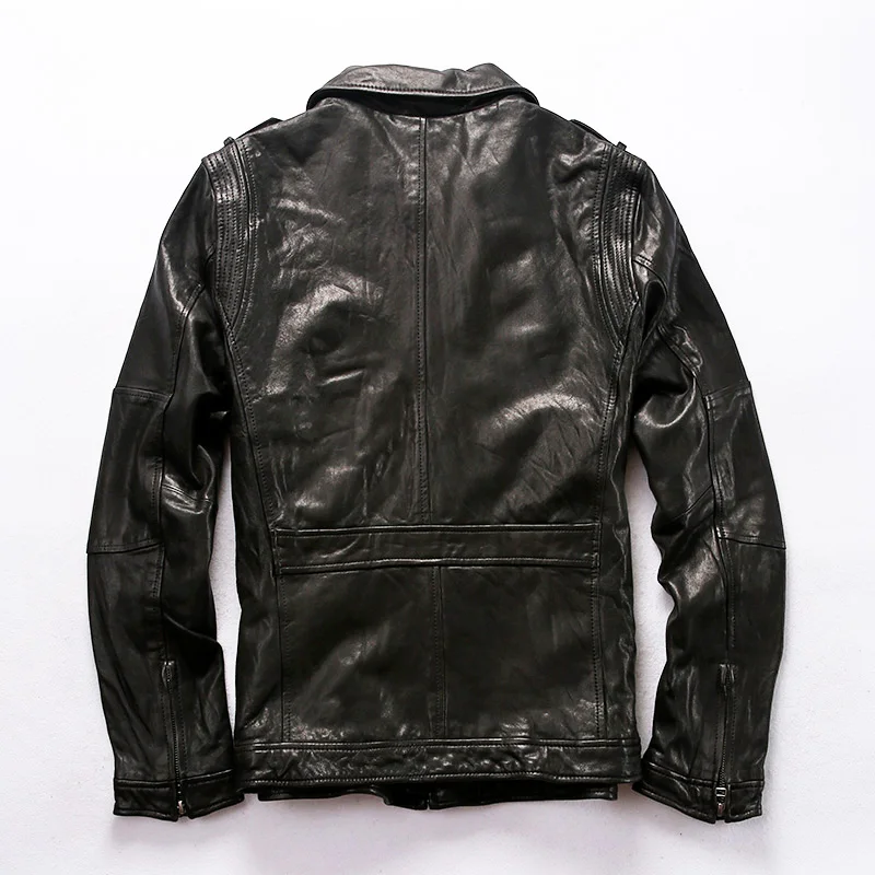 Мужская мотоциклетная куртка из козьей шкуры с карманами в стиле сафари черное