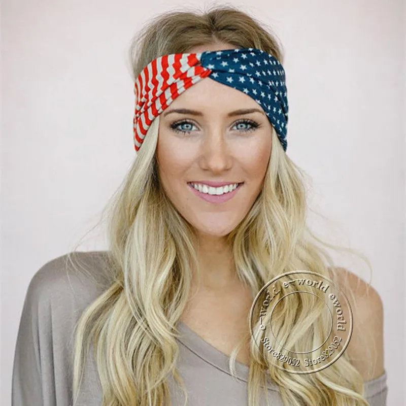 

Unisex American Flag Cotton Elastic ClothTurban Headbands For Women USA Star Stripes Bow Headband Hairbands Bandana Headwrap
