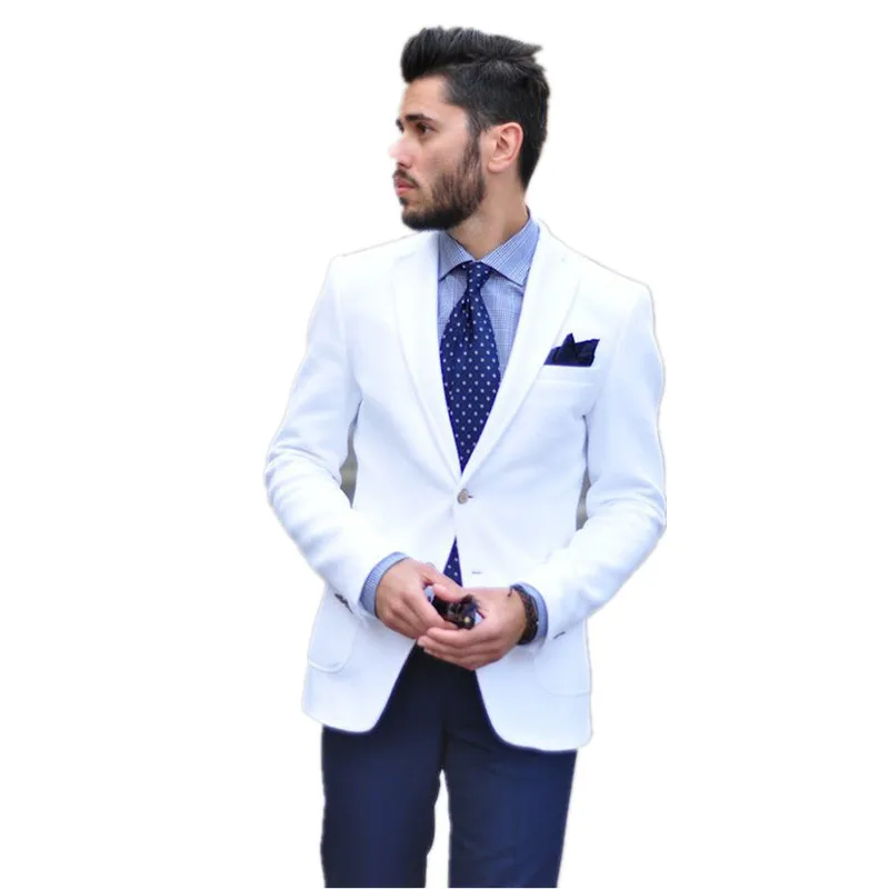 

White Jacket Navy Pants Wedding Suits For Men Formal Business Mens Suits Peak Lapel Slim Grooms Tuxedos Two Piece Groomsmen Suit