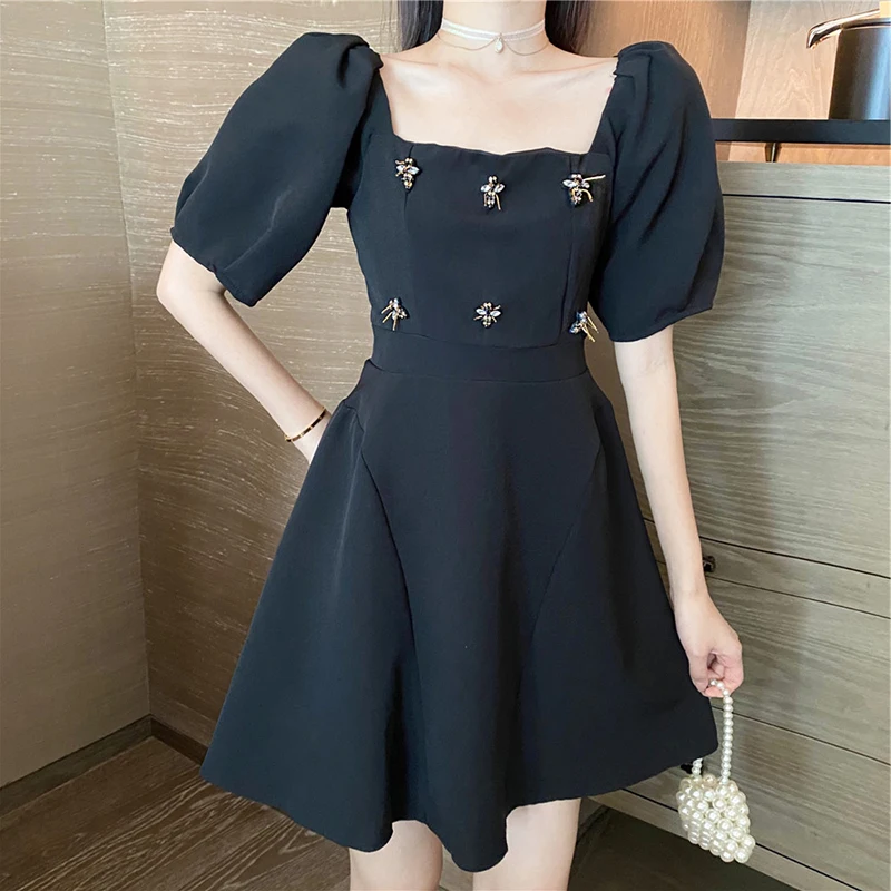 Женское короткое винтажное мини-платье во французском стиле черное платье с