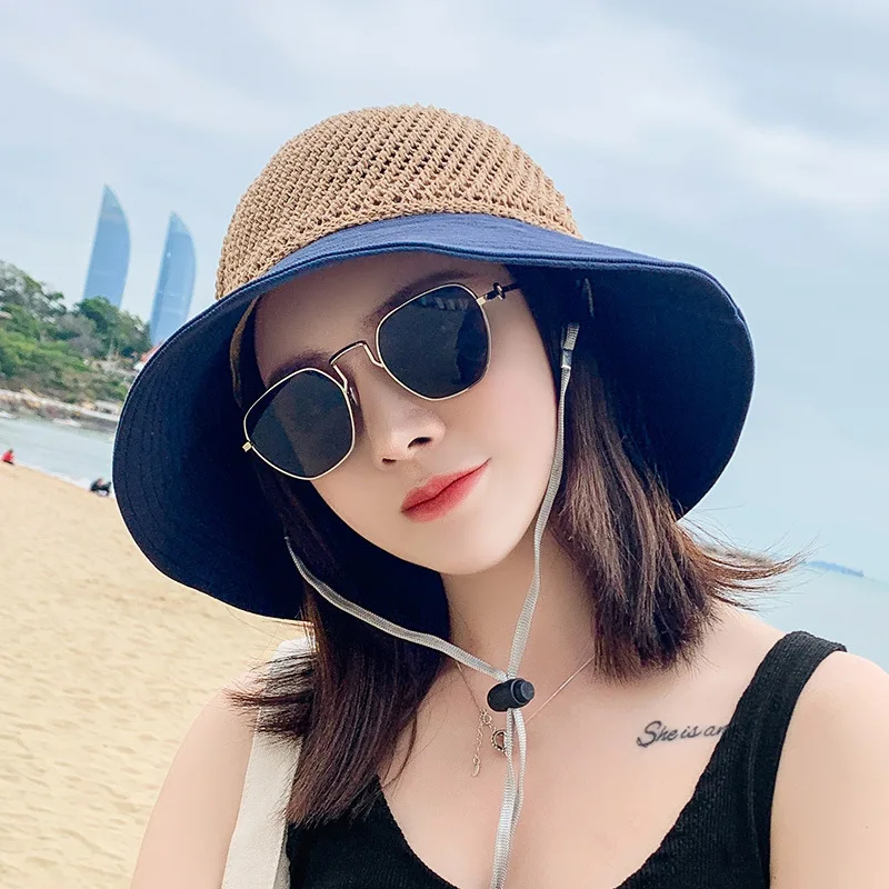 

Sun Hat Female Summer Foldable Small Rim Sunscreen Hat Mesh Fisherman Hat Sun Hat Hollow Beach Woven Straw Hat