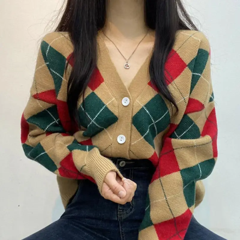 

Argyle Knitted Cardigan Oversized Loose Casual Women Jacket Autumn Winter Thick V Neck Long Sleeve Cardigan Sweater Coat