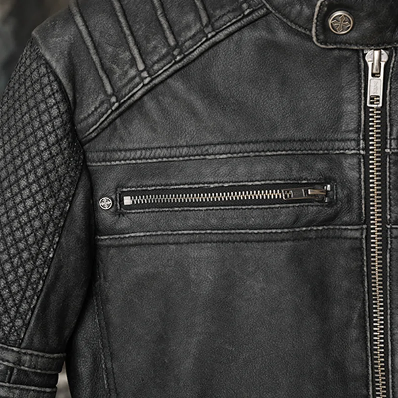 

2021 Vintage Black Motorcycle Style Genuine Leather Jacket Men Stand Collar Plus Size 4XL Real Natural Cowhide Biker Coat