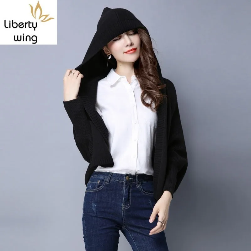 Женский короткий вязаный кардиган с капюшоном повседневный Свободный рукавом