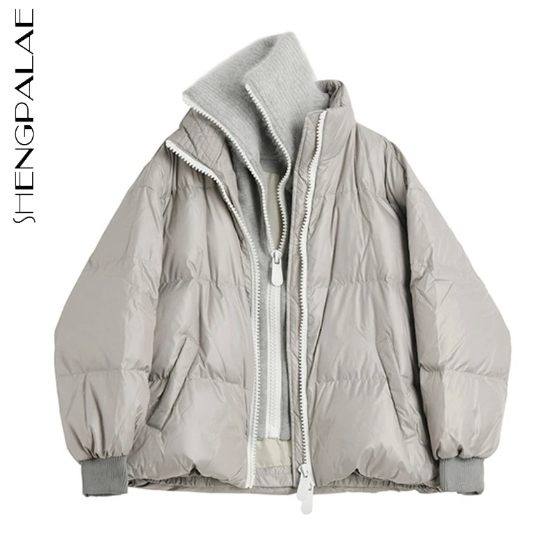 

SHENGPALAE Fashion Patchwork Cotton Padded Jacket Women's Winter 2021 New Stand Collar Loose Zipper Long Sleeve Short Coat Tide