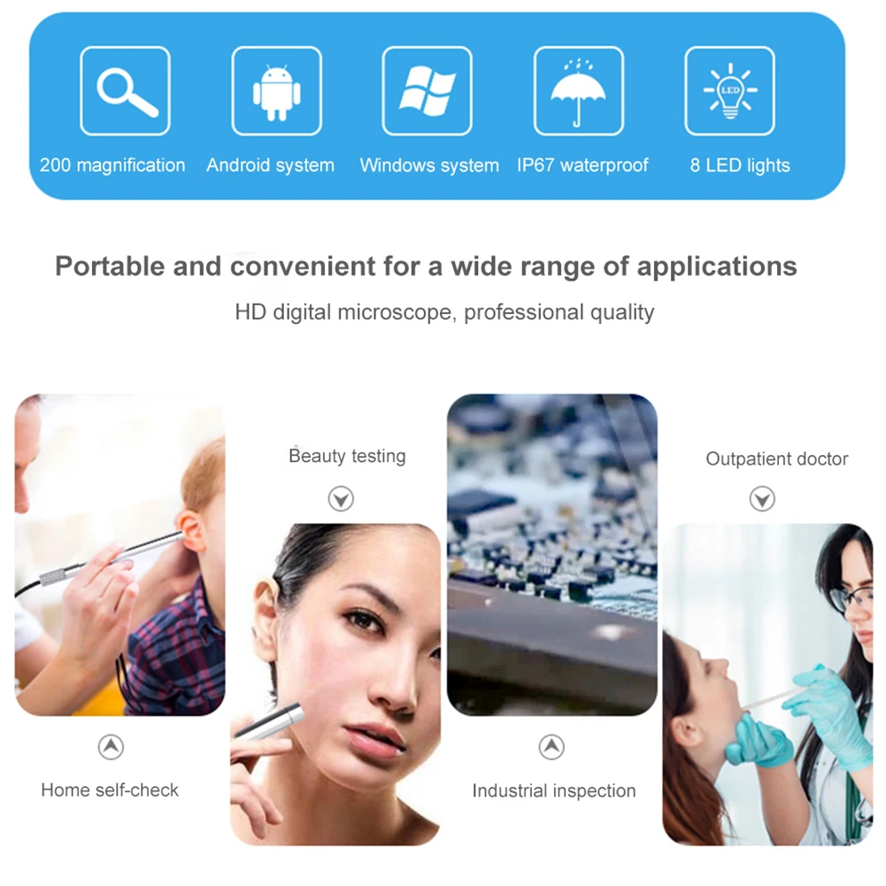 

6mm IP67 Waterproof Cleaning Pets Professional 8 LED Lights HD Ear Camera 1 To 200X USB Kids Adults Biological 1280x720p