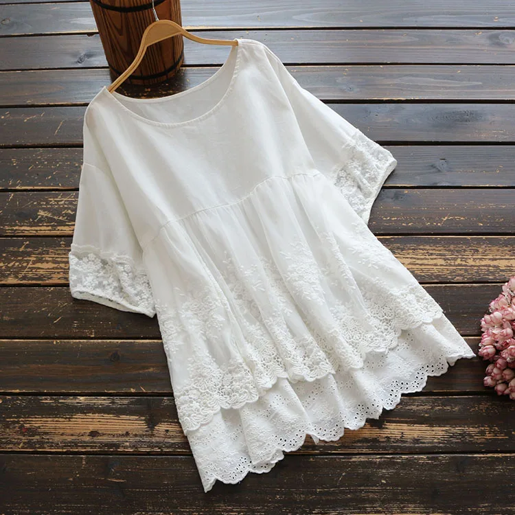 

Women Plus Size Lace Stitching Blouse 2020 Embroidery Shirts Short Sleeve Solid Female Layers Summer Tunic