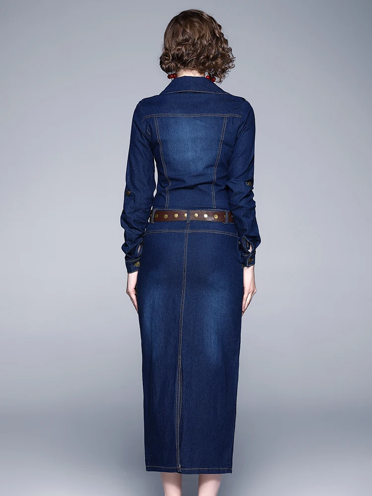 

Simgent Maxi Long Denim Dress Women Elegant Turn Down Collar Long Sleeve Belted Pencil Dress American Clothing SG004021
