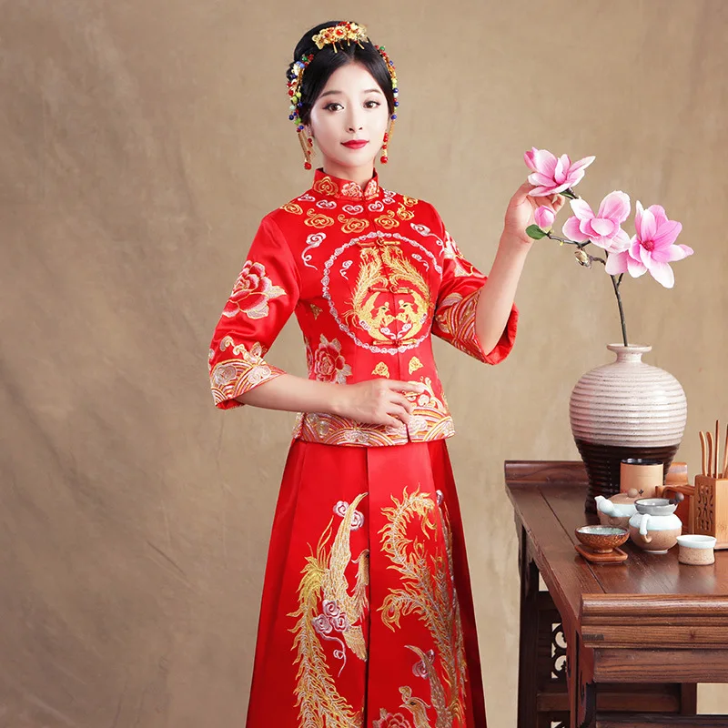 Летнее традиционное китайское свадебное платье с полурукавами и вышивкой в